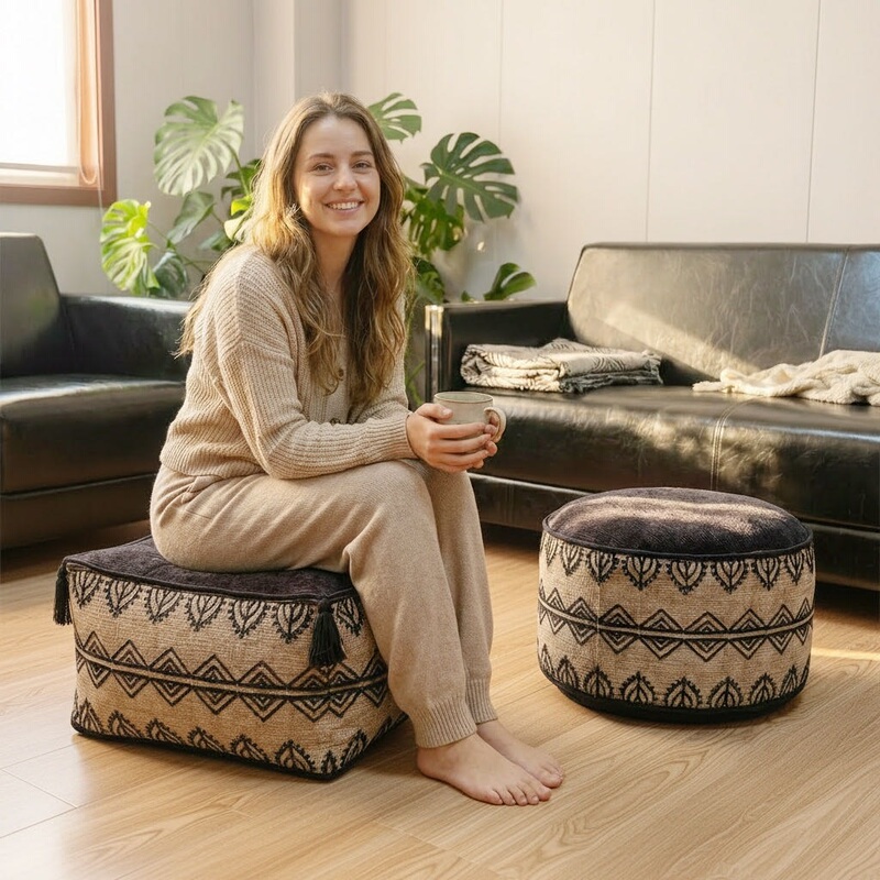 Diamond-Patterned Round Seat Cushion with Vintage-Style Embroidery, Sofa Cushion, Footrest for Living Room, Home Use, Detachable and Washable Footstool, Low Stool