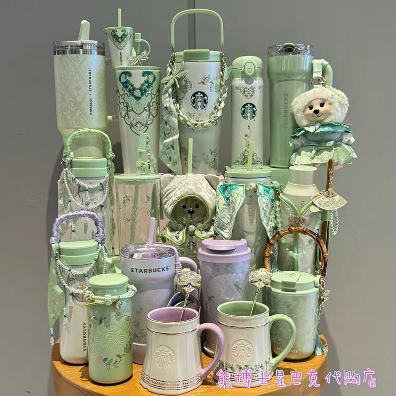 Starbucks Cup Spring Pattern Series New Chinese Style Fresh Green and Purple Stainless Steel Portable Ceramic Glass Straw Cup