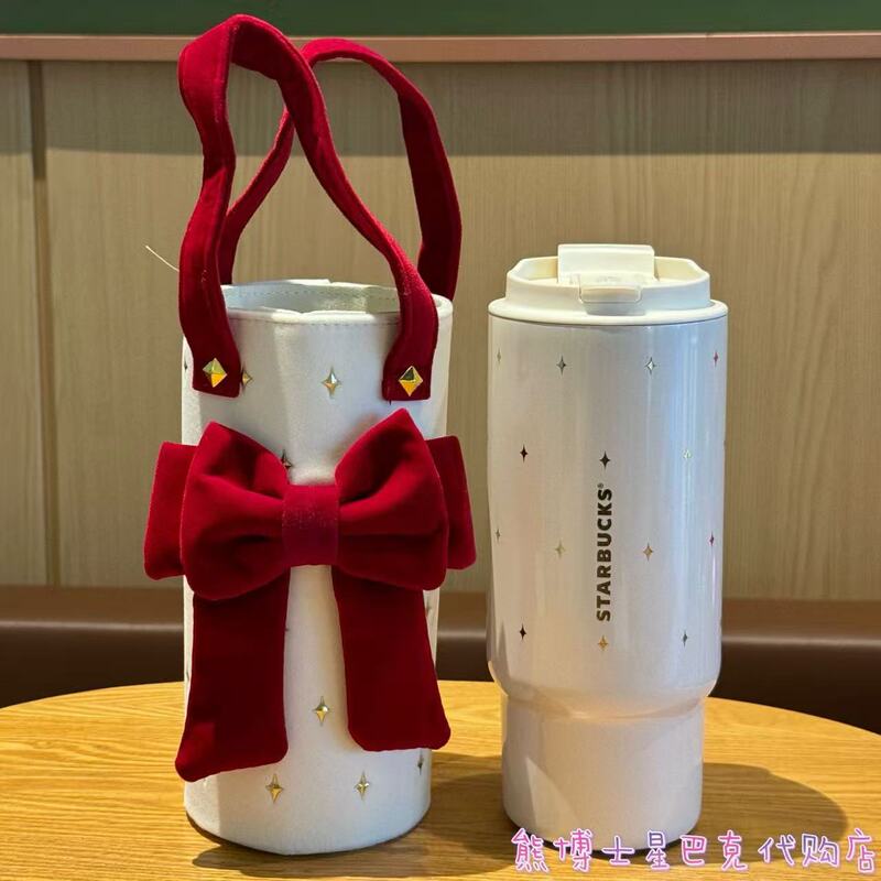 Starbucks Warm and Cozy Gold-Stamped Bowknot Cup Sleeve with Simple Dual Drinking Openings and Straw, Stainless Steel Travel Cup