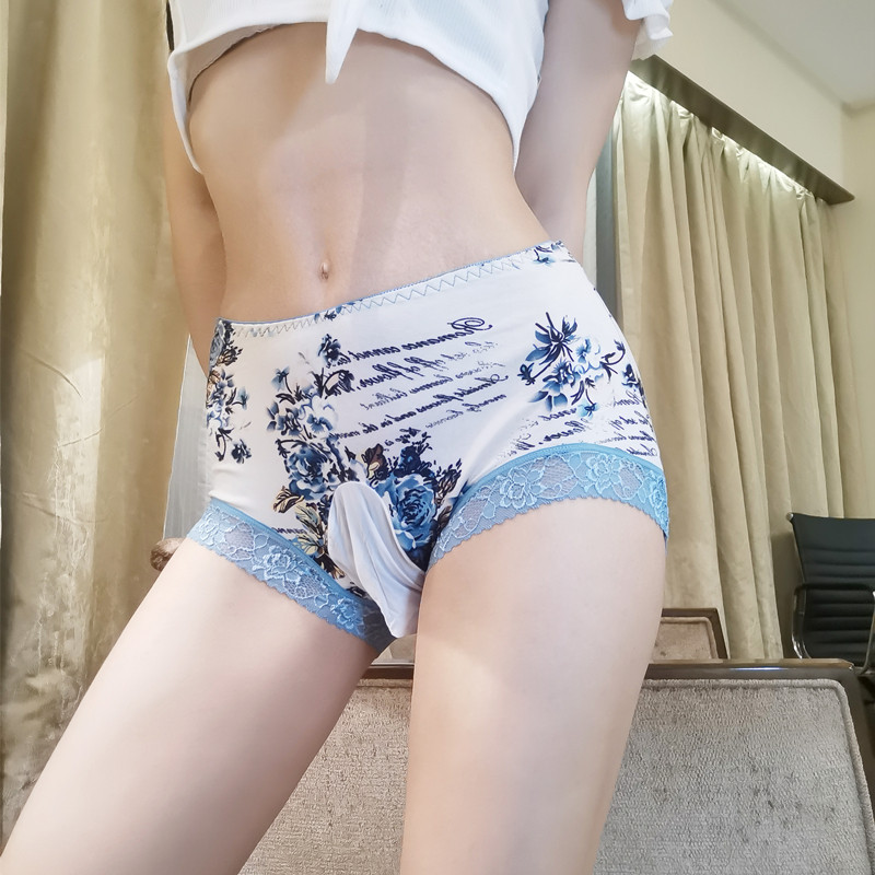 Men's sexy big size lace lace sidepants female dress gags big size mid-waist printed pseudo-pussy-changing dress triangle trouser pocket