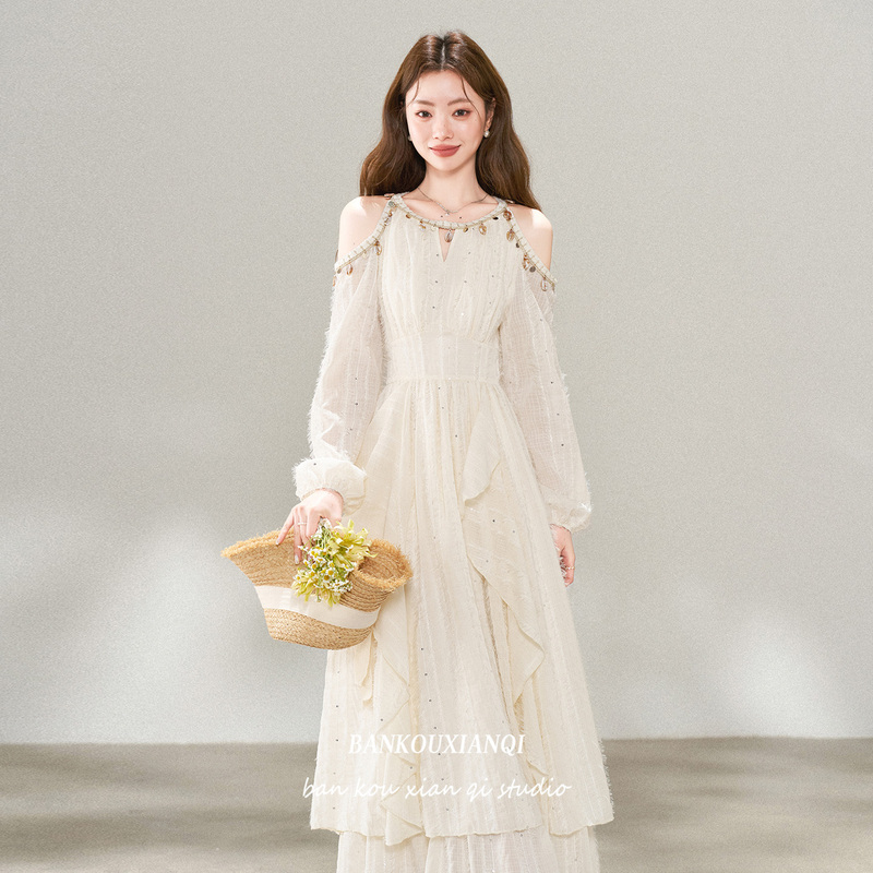 Half Fairy Style Spring New French Resort Style Off-Shoulder Halter Dress Beach Outfit Ruffled Long Dress for Women