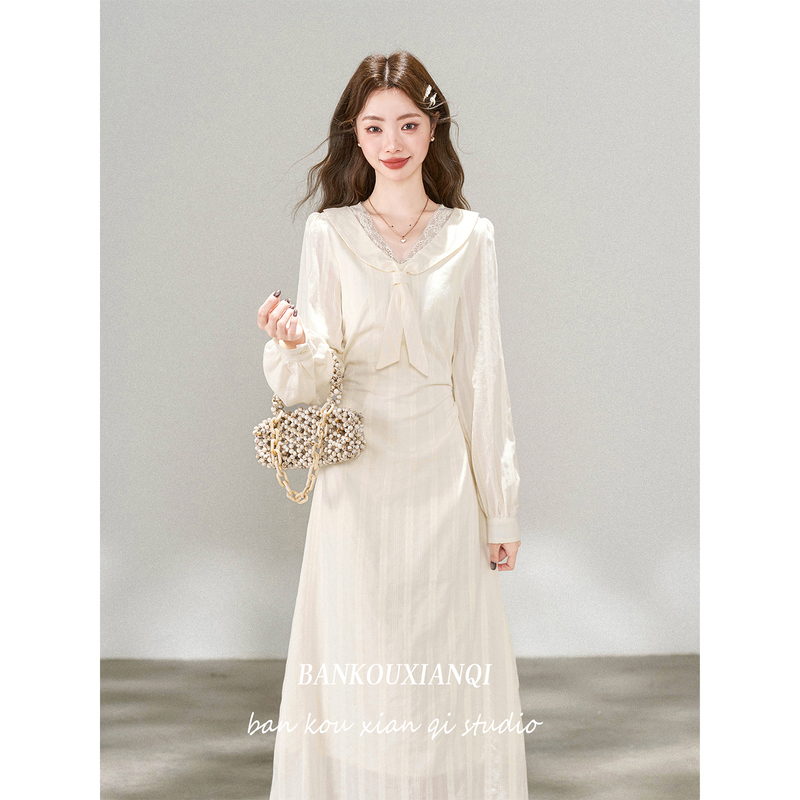 Half-Sheer French-Style Gentle Apricot-Colored Long-Sleeve Dress, New Autumn Women's Lace-Trimmed Elegant Long Dress Half-Sheer French-Style Gentle Apricot-Colored Long-Sleeve Dress, New Autumn Women's Lace-Trimmed Elegant Long Dress
