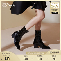 73Hours Womens Shoes Chicago New Leather Thick Heel Square Toe Fashion Boots Black Boots Women