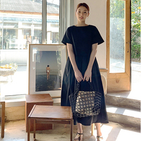 Black Tencel short-sleeved high-waisted dress, loose ankle-length skirt, French simple style, pleated little black dress, slimming