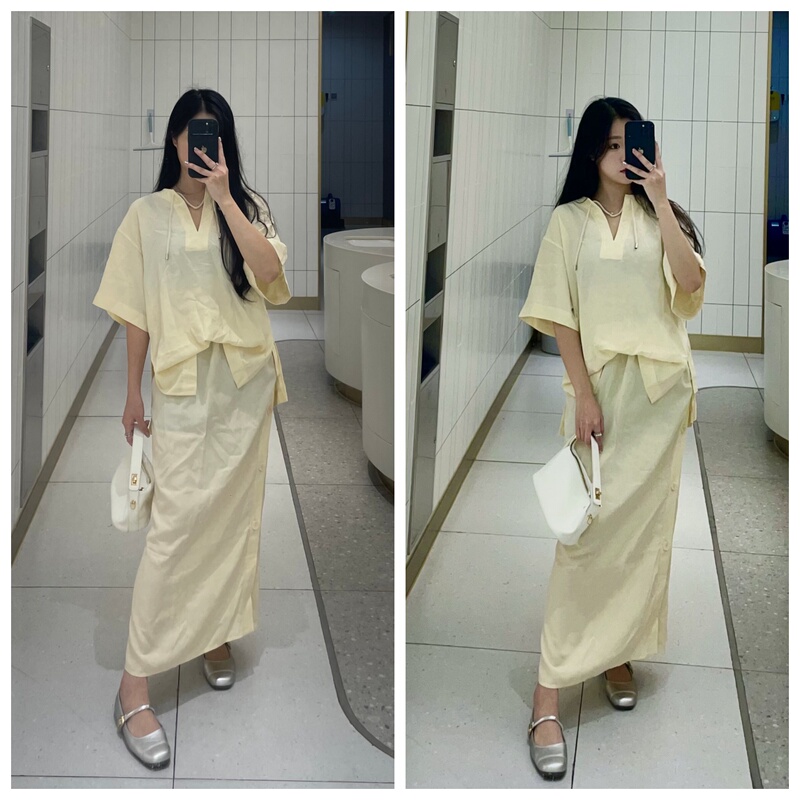 In Stock Tot Linen Drawstring Hem Casual Relaxed Short Shirt Top with Adjustable Buttoned Skirt for Women