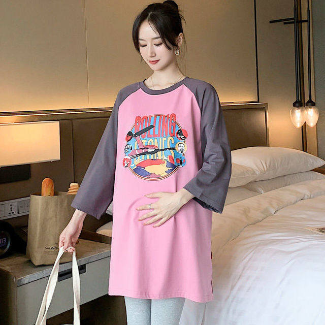 Pregnant womens spring and autumn tops Korean version of the pop mom dress suit pregnant womens t-shirt 7-point sleeves loose medium-long summer clothing