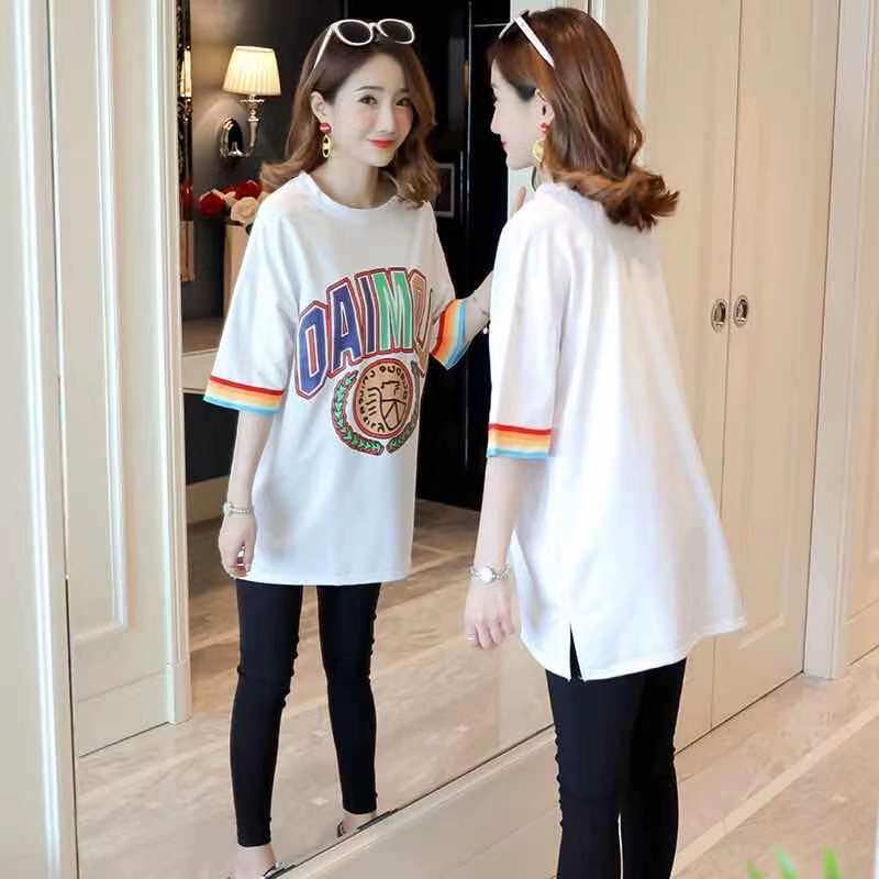 Maternity blouse Two-piece T-shirt trendy maternity summer suit Korean version loose rainbow stitching long short sleeves