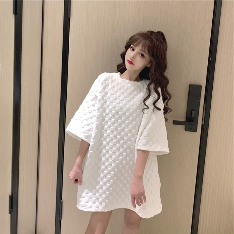 2021 pregnant women round neck wild medium-long t-shirt white loose checkered female ocean design sense solid color top