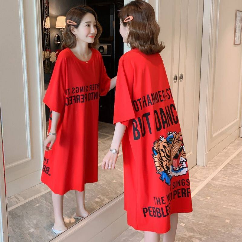New pregnant women in spring and summer dress Han edition medium long cotton red short sleeve T-shirt loose coat large-code dress