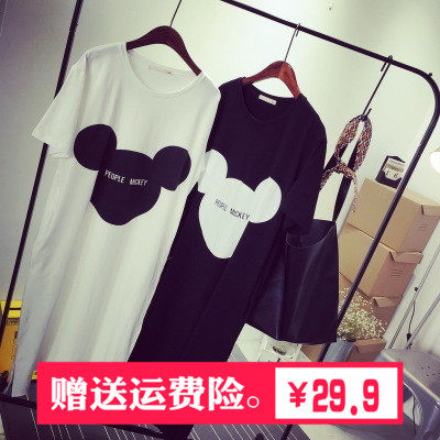 Pregnancy Woman Dress Korean Version Summer Cartoon Printed Open Fork Long Version Loose Pregnant Woman Foreign Dress Woman T-Shirt Long Skirt Woman