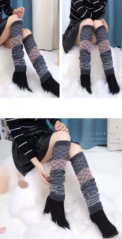 Phiên bản Hàn Quốc của tất dài bít tất len ​​của phụ nữ và ủng trên tất mùa thu và mùa đông dày ấm chân ấm áp ấm chân ấm trên đầu gối vớ - Vớ mắt cá chân