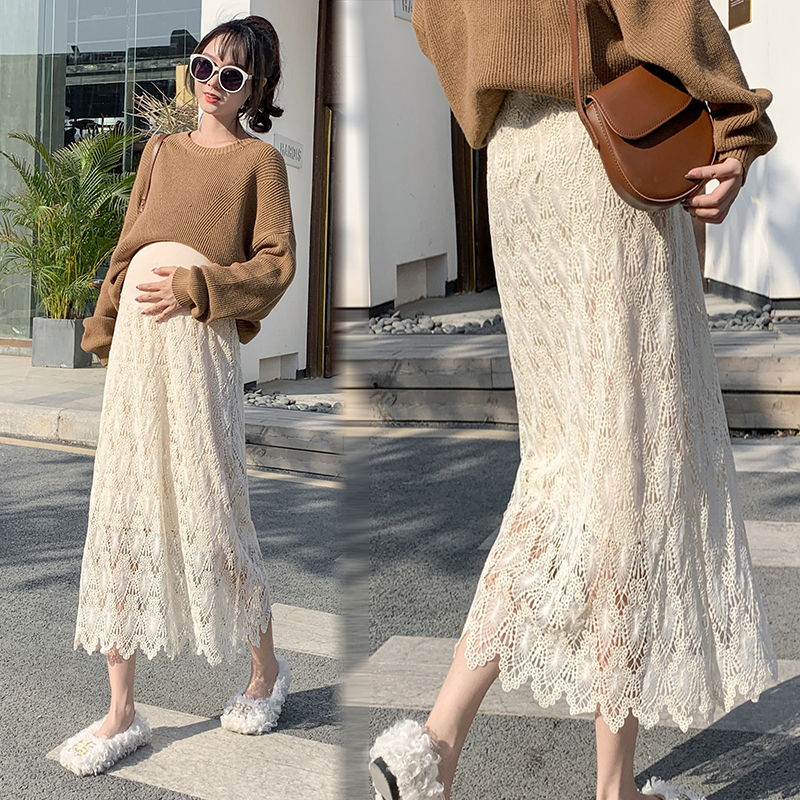 Pregnant women skirt autumn and winter net celebrity adjustable A-line long skirt mid-length version autumn velvet lace belly skirt women