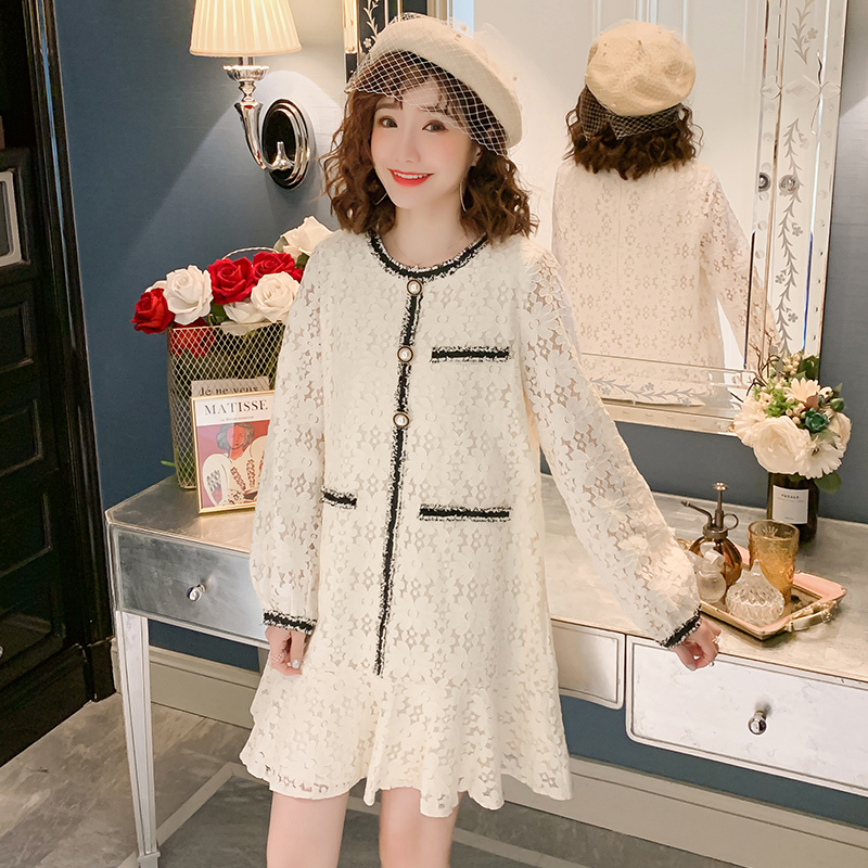 Pregnant woman Ocean dress Spring dress 2022 new small fragrance Long sleeves Lace Dress Loose large size Spring and autumn pregnant woman Skirt Tide Moms