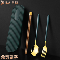 Wooden chopstick box spoon set 304 stainless steel tableware three-piece set fork Student portable office worker chopstick spoon