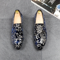 Hair Stylist Male Shoe Cover Feet Tip Flower Leather Shoes Embroidery Fashion Trends Bean Bean Shoes Nightclub Spirit Little Guys Social Shoes