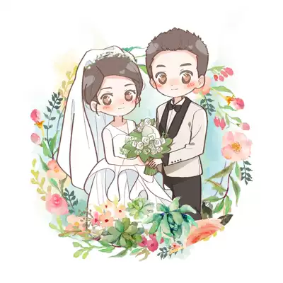 Real-life photo to Q-version couple hand-painted Avatar wedding illustration wedding invitation pattern custom gift design