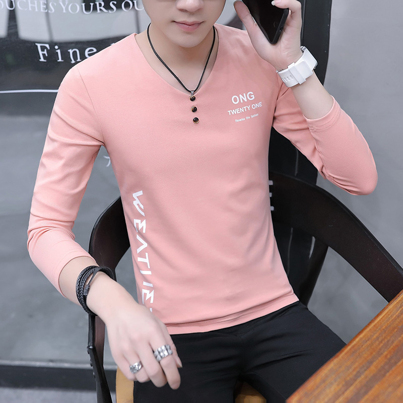 Spring youth T-shirt men's V-neck long-sleeved velvet spring and autumn clothes Korean version trend handsome sweater autumn and winter top clothes
