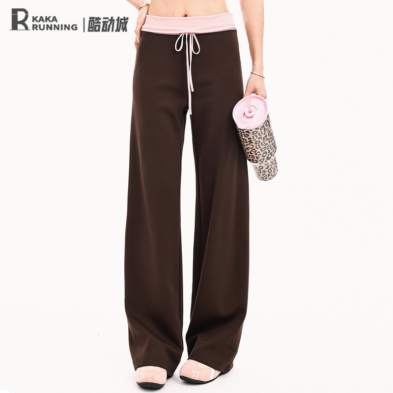 Run Kaka Women's Sports Pants, Loose Drawstring High-Waisted Straight-Leg Casual Yoga Fitness Running Training Color-Blocking