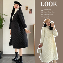 Maternity wear autumn and winter cotton coat mid-length lace-up waist raw edge design V-neck cotton jacket thickened maternity coat