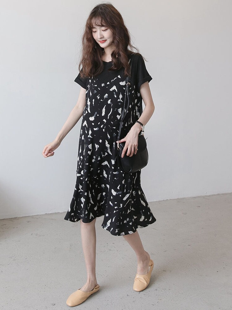 Pregnant women summer new fashion temperament color fake two-piece chiffon skirt summer tide mom summer medium-long dress