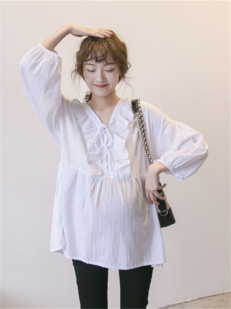 Maternity shirt Medium long version long sleeve shirt white doll shirt Korean version loose 2021 new spring top women