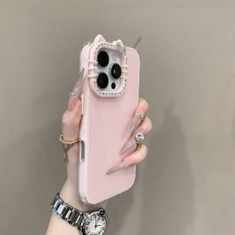 ins Dopamine Jelly Kt Cat Lens Case for Iphone16Promax Apple 17 Phone Case 15Pro New 11 Premium 12 Internet Celebrity 13 Glitter Diamond 14Plus Diamond-Encrusted Promax Shockproof Case