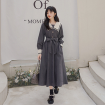 College Wind Double Collar Long Sleeves Dress Spring Dress 2022 New Han Version Cashew Cashew Slim and Slim Sweet and Wear Skirts