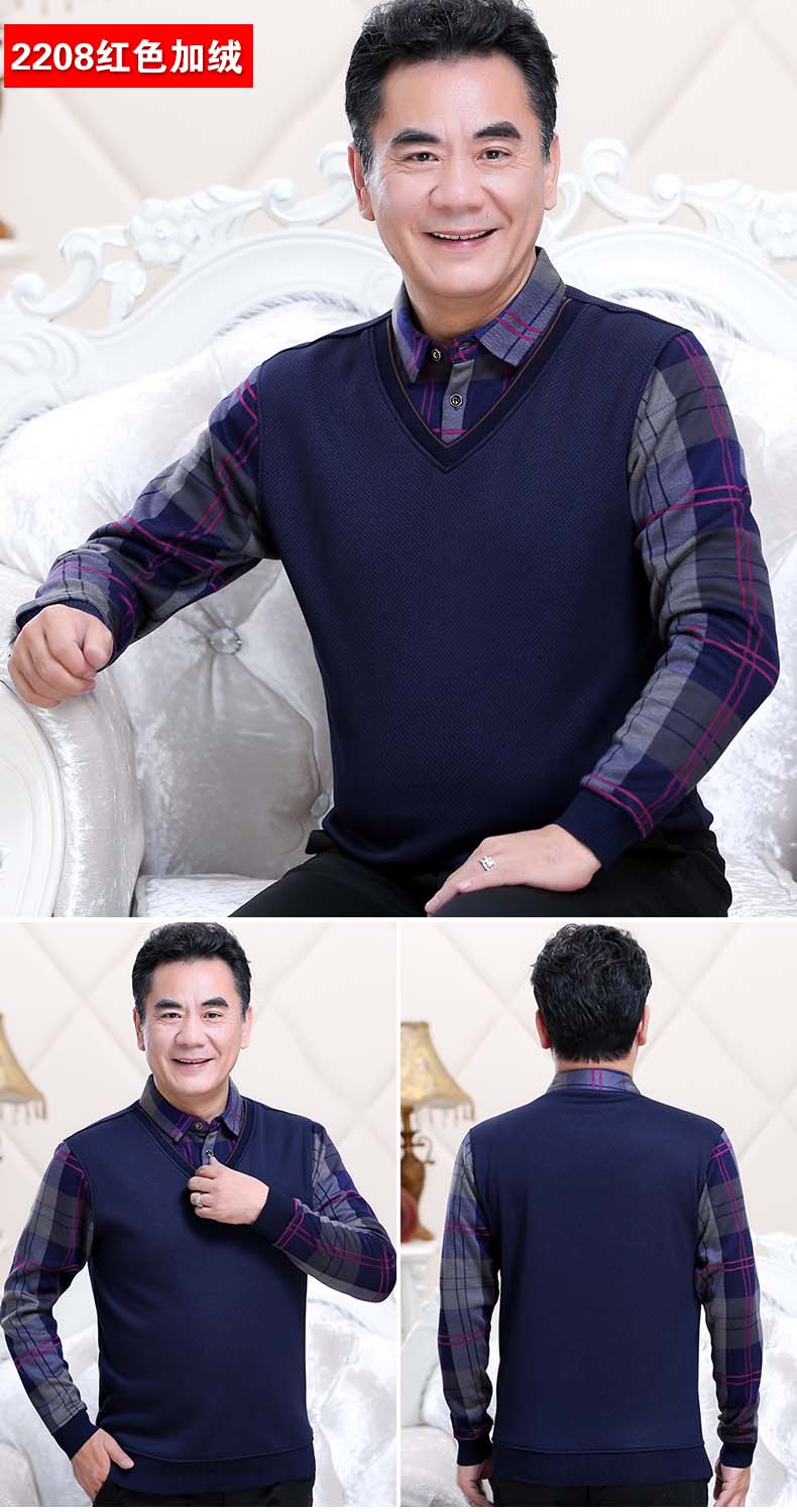 Áo len nam trung niên mùa đông dệt kim áo len trung niên cộng với nhung dày giả hai áo len nam 40-50 tuổi cardigan nam