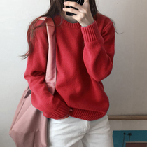 Christmas red knitted blouse 2021 new loose outer wear lazy sweater thickening winter