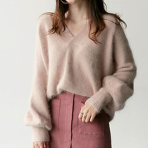 Pink V - collar sweater female in 2022 autumn and winter new thicker knit blouse blouse