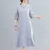 Áo dài bằng vải cotton và vải lanh theo phong cách dân tộc retro mùa hè của mẹ bạn là áo dài mỏng bằng lụa cotton 35-45 - Váy dài