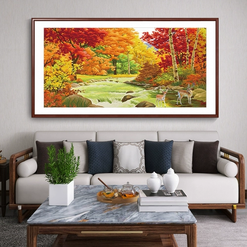 Голубая вода Золотая осень Вышивка крестиком 2025 Новый стиль Вышивка Гостиная Спальня Ресторан Лось Пейзаж Текущая вода приносит богатство Ручная вышивка