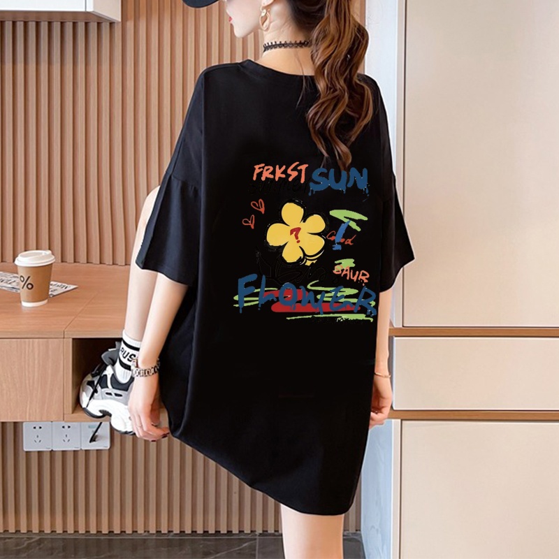 橘色花朵印花纯棉短袖t恤女2025新款夏季宽松中长款遮屁股上衣潮