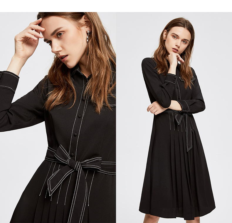 Neezeelee 霓姿丽尔 18年秋季新款 长袖高腰抽褶明线装饰雪纺连衣裙 天猫优惠券折后¥229包邮(¥329-100)2色可选