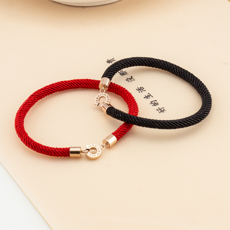 Titanium Steel Rose Gold Red String Bracelet with Fortune Beads, Handmade Woven Couple Bracelet for Men and Women Titanium Steel Rose Gold Red String Bracelet with Fortune Beads, Handmade Woven Couple Bracelet for Men and Women