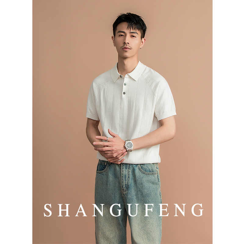 Shangufeng High-End Comfortable Pure Cotton Dark Stripe Short-Sleeve Polo Shirt Men's Casual Versatile Knitted Sweater Men