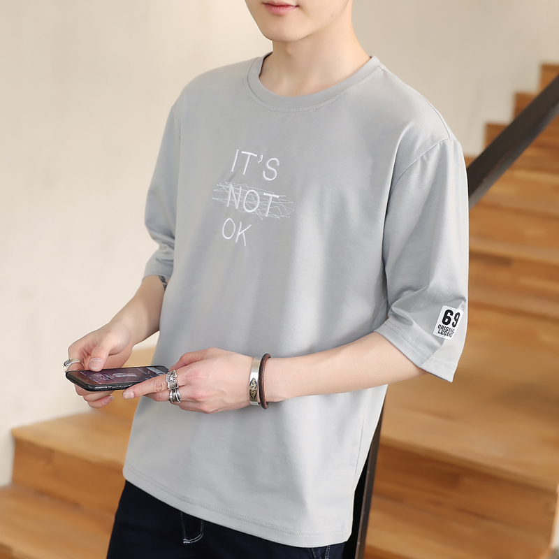 Men's Three-Quarter Sleeve T-Shirt, Short-Sleeved, Summer Korean Style, Trendy Mid-Sleeve, Loose Five-Quarter Sleeve, Trendy Brand T-Shirt Top
