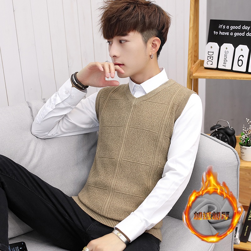 Sleeveless sweater men's winter style men's sunshine wear vest plus velvet thick short-sleeved t-shirt sweater half-sleeve vest