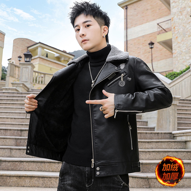 Fashion brand autumn and winter leather men plus velvet leather jacket trend thickened winter motorcycle clothes men's leather u jacket handsome ins