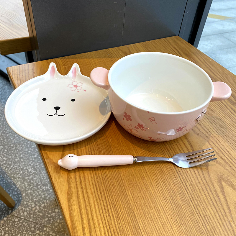 Mercifully rainbow such use ears ceramic bowl with cover and lovely young girl heart female student dormitory in the microwave bowl of soup bowl