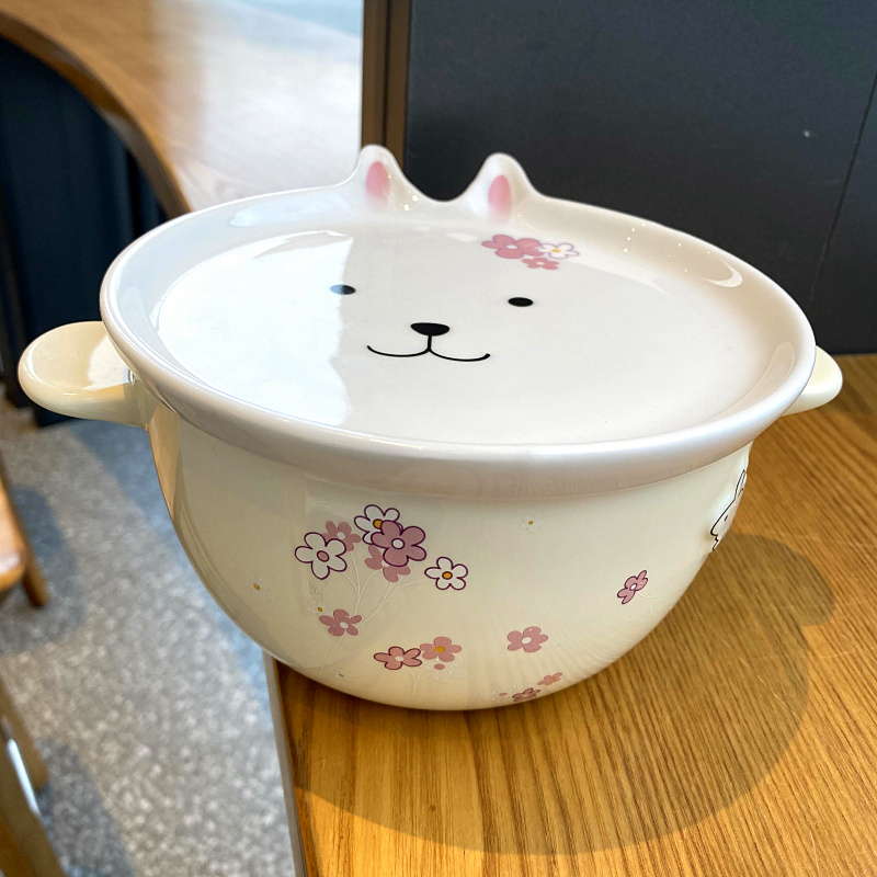 Mercifully rainbow such use ears ceramic bowl with cover and lovely young girl heart female student dormitory in the microwave bowl of soup bowl