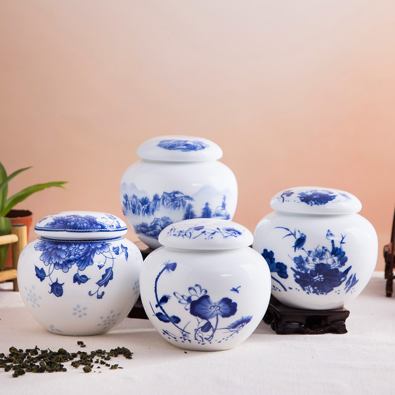 Shadow enjoy ceramic tea pot jingdezhen blue and white porcelain small mini portable circular tanks seal tea storage tanks