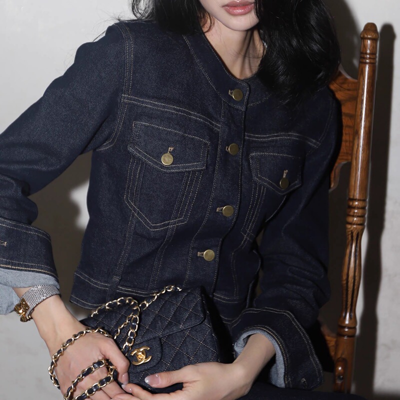 Skinless｜Original Leopard Print Lining Denim Suit French Round-Neck Jacket Mid-Rise Wide-Leg Jeans