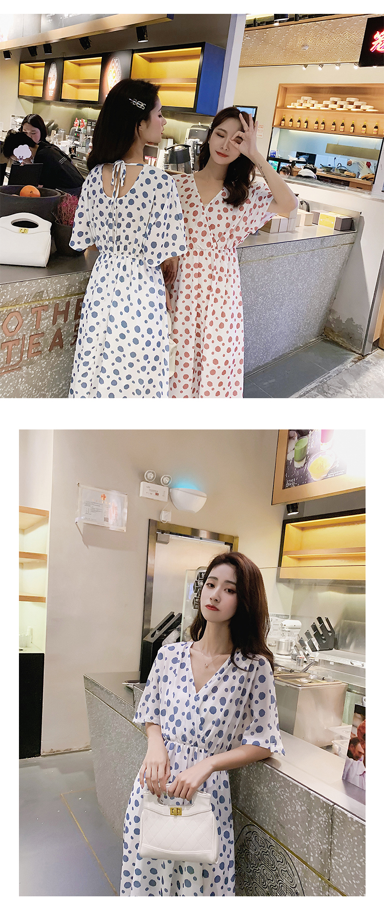 VK旗艦店 韓國風氣質復古波點V領雪紡圓點短袖洋裝