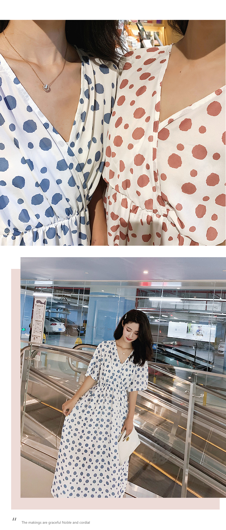 VK旗艦店 韓國風氣質復古波點V領雪紡圓點短袖洋裝