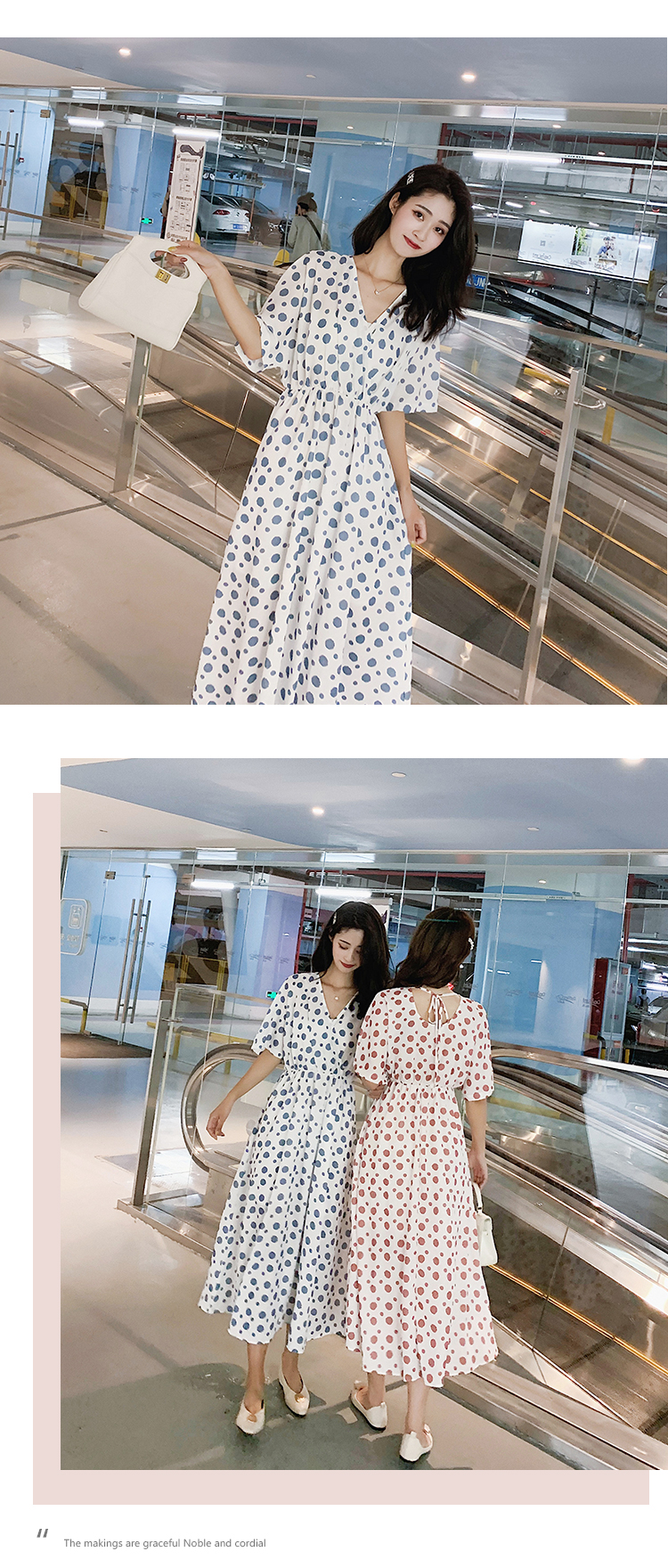 VK旗艦店 韓國風氣質復古波點V領雪紡圓點短袖洋裝