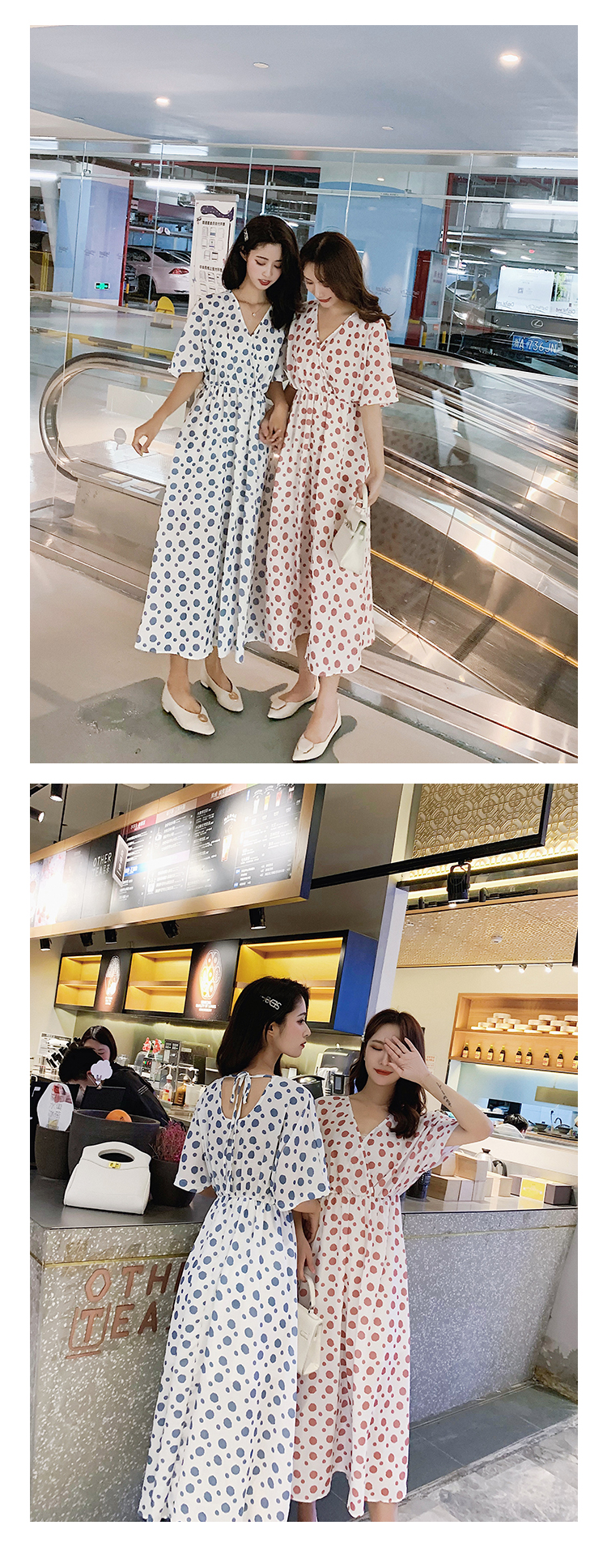 VK旗艦店 韓國風氣質復古波點V領雪紡圓點短袖洋裝