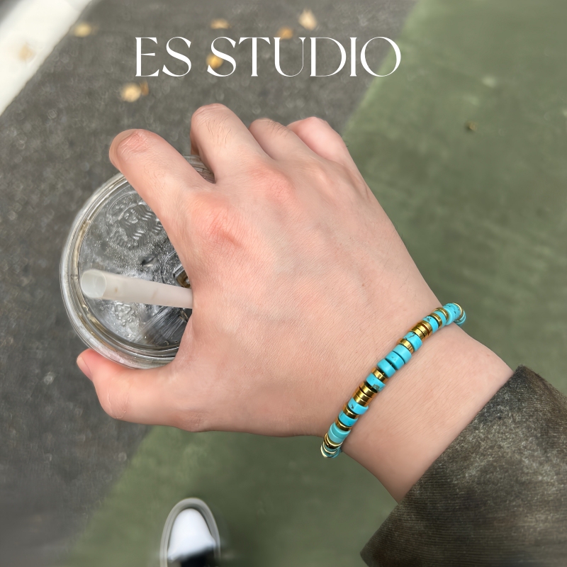 Original Design Turquoise Bracelet for Men and Women, Straight-Cut Pill Beads, 6mm Thick Bracelet, Couple's Birthday Gift