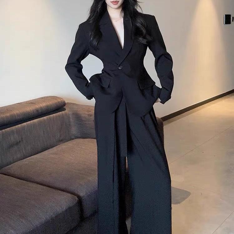 Темперамент в стиле Юцзе, рабочий костюм с черной талией, высококачественный повседневный профессиональный тонкий пиджак, широкие брюки