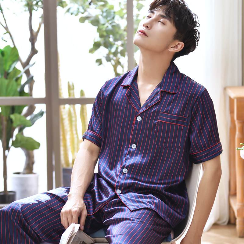 mens lụa ngắn tay pajama set mùa hè mỏng cỡ lớn băng cardigan giản dị loose-fitting mặc nhà hai mảnh bộ.